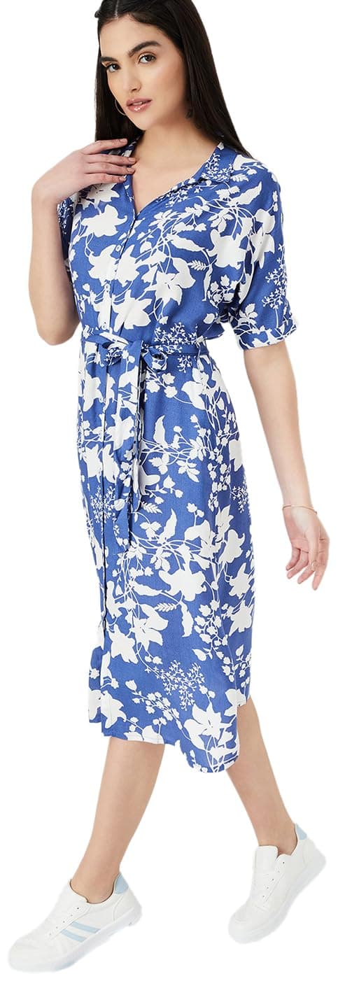 Max Women Printed Midi Length Shirt Dress (Mddrs41027Blue)_S