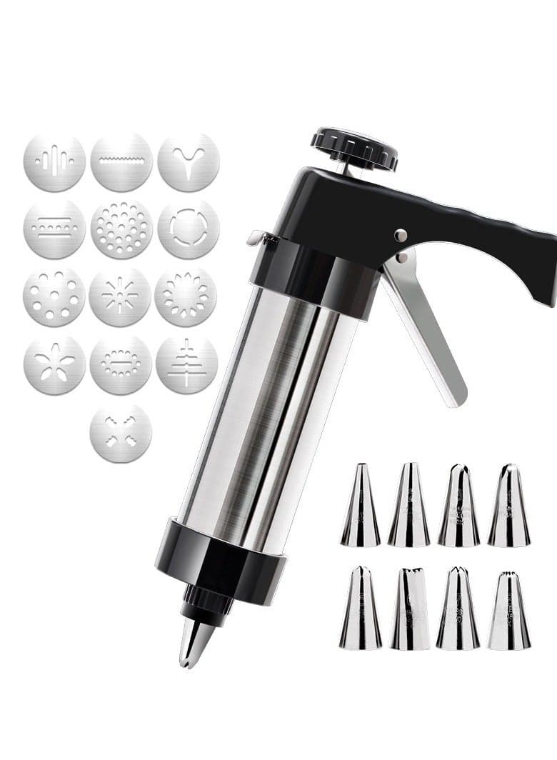Cookie Press, Cookie Press Gun Kit Stainless Steel Spritz Cookies Press Set with 13 Cookie Discs and 8 Piping Tips, Cookies Press for Baking for Cookie Maker and Cake Icing