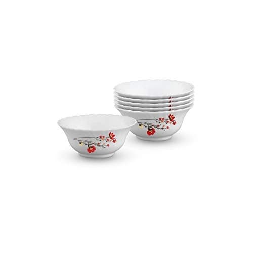 Larah By Borosil Opalware Floral Veg Bowl - Chrys, White, 4.5 Inch, Set of 6, 210 ML