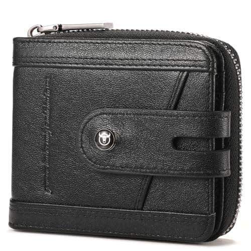 BULLCAPTAIN Genuine Leather Men's Wallet with Zipper Vintage RFID Blocking Large Capacity Wallet for Men with 14 Credit Card Slots and 1 ID Window T23 (Black)
