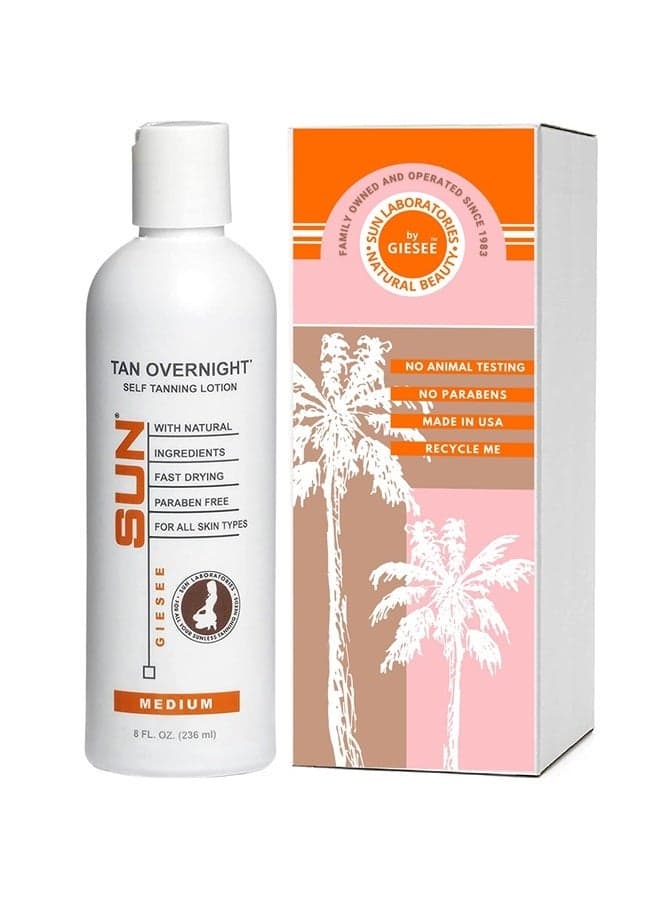 Sun Laboratories Tan Overnight Self-Tanning Lotion for Body and Face - Sunless Tan Golden Glow - Medium - 8 fl oz Bottle
