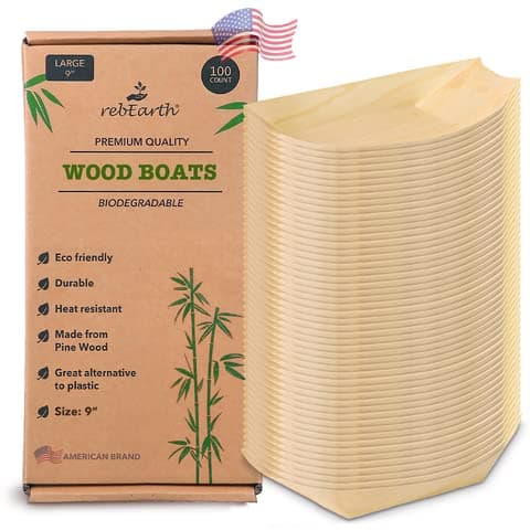 rebEarth Bamboo Wood Boat Disposable Plates Heat Resistant for Appetizer Mini Bowls Sushi Dessert Buffet Finger Party to go Hors doeuvres Serving Tray Bulk Catering Supplies 100 count Large Size 9