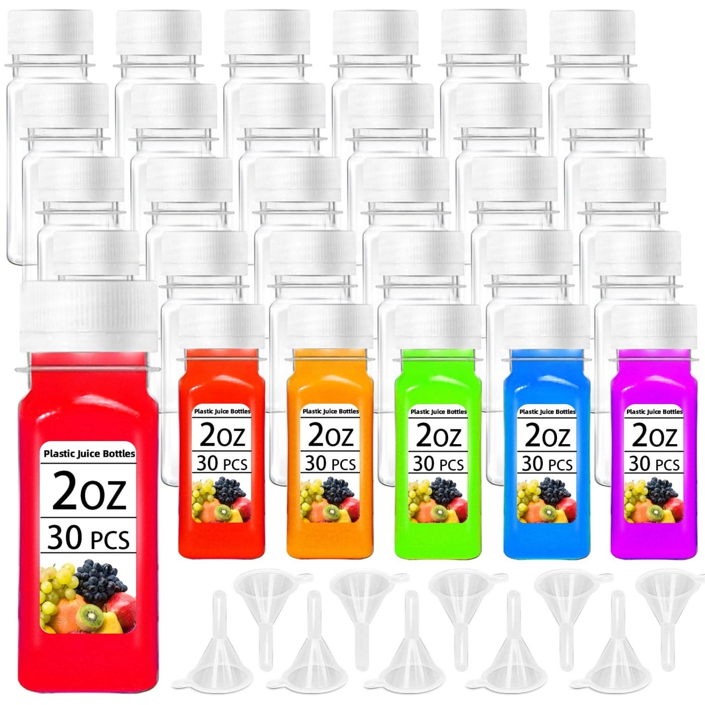 30 Pcs 2oz Small Plastic Shot Bottles with White CapsReusable Clear Juice BottlesEmpty Plastic Containers with 10 Funnels for Ginger ShotsLiquidsBeverages