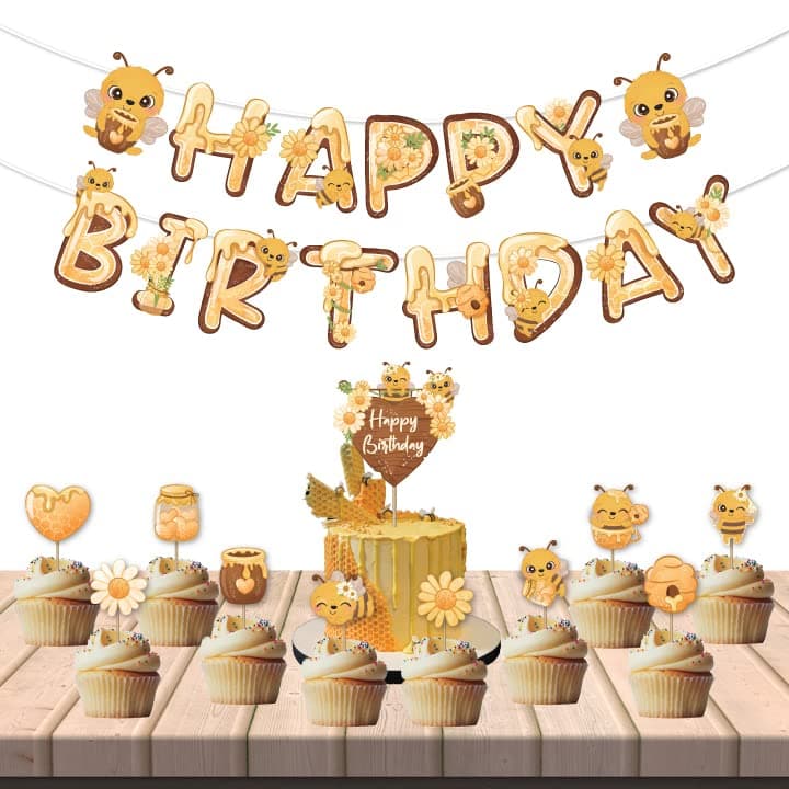 Festiko® Honey Bee Theme Props,Bumble Bee Theme Birthday Decoration Backdrop Photo Shoot,Birthday Photo Booth Party Item for Adults and Kids (Happy Birthday Banner,Cake Topper,Cup Cake Toppers)