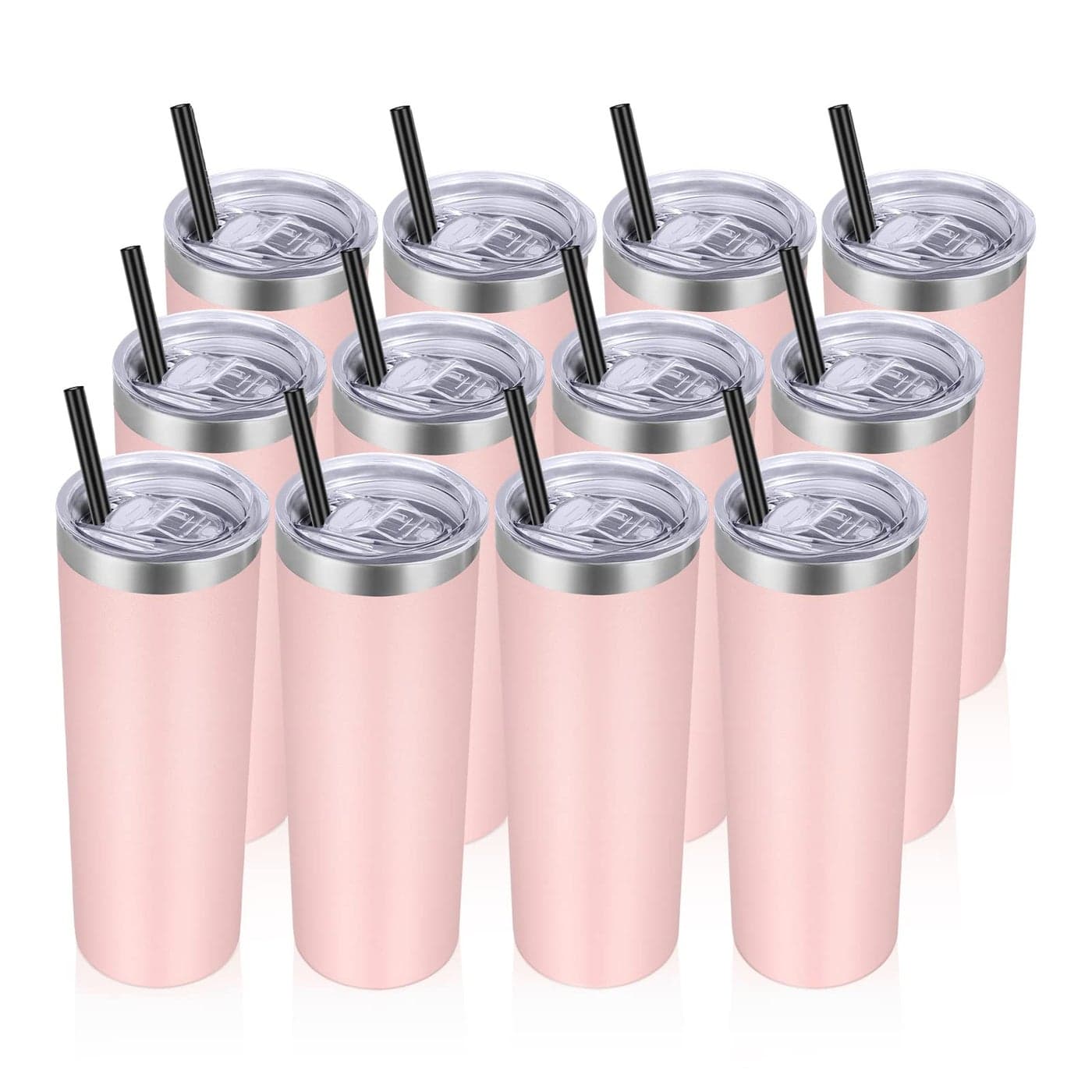 VEGOND Stainless Steel Tumblers Bulk 12 Pack 20 oz Vacuum Insulated Skinny Tumblers with Lid and Straw Double Wall Coffee Mug Travel Water Cup Light Pink
