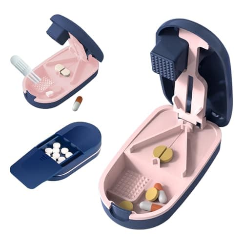 CoolShef 3 in 1 Tablet Cutter for Small or Large Tablets | Portable Medicine Cutter for Pills & Pill Crusher | Compact Pill Splitter with Hidden Storage & Small Clean Brush