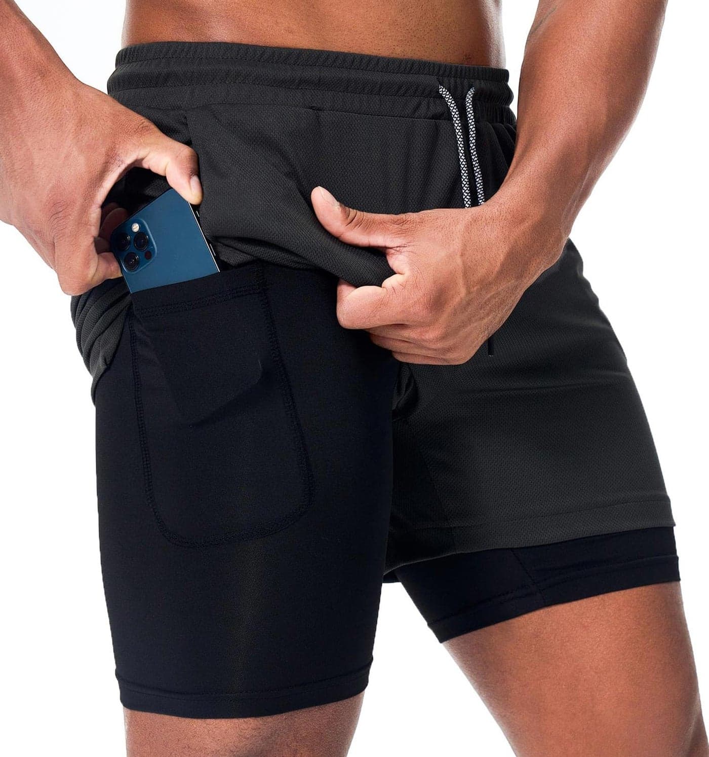 Surenow Men's Running Shorts Quick Dry Workout Gym Shorts Athletic 2-in-1 Stealth Shorts Outdoor Short for Men with Pockets Grey