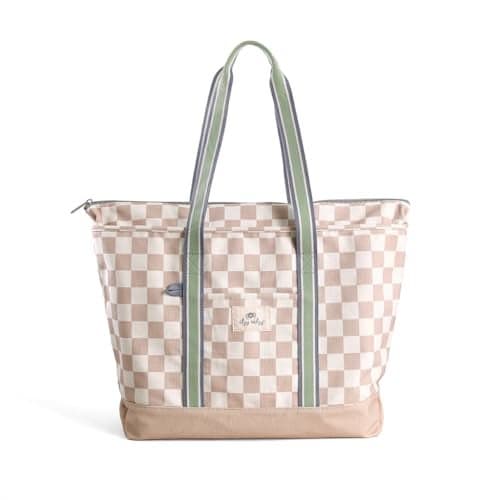 Itzy Ritzy Canvas Tote Bag - Zip-Top Closure, Roomy Main Compartment & 4 Pockets - Lightweight Cotton Canvas Carryall for Moms - Perfect for Travel, Beach, Errands & Everyday (Checkerboard)