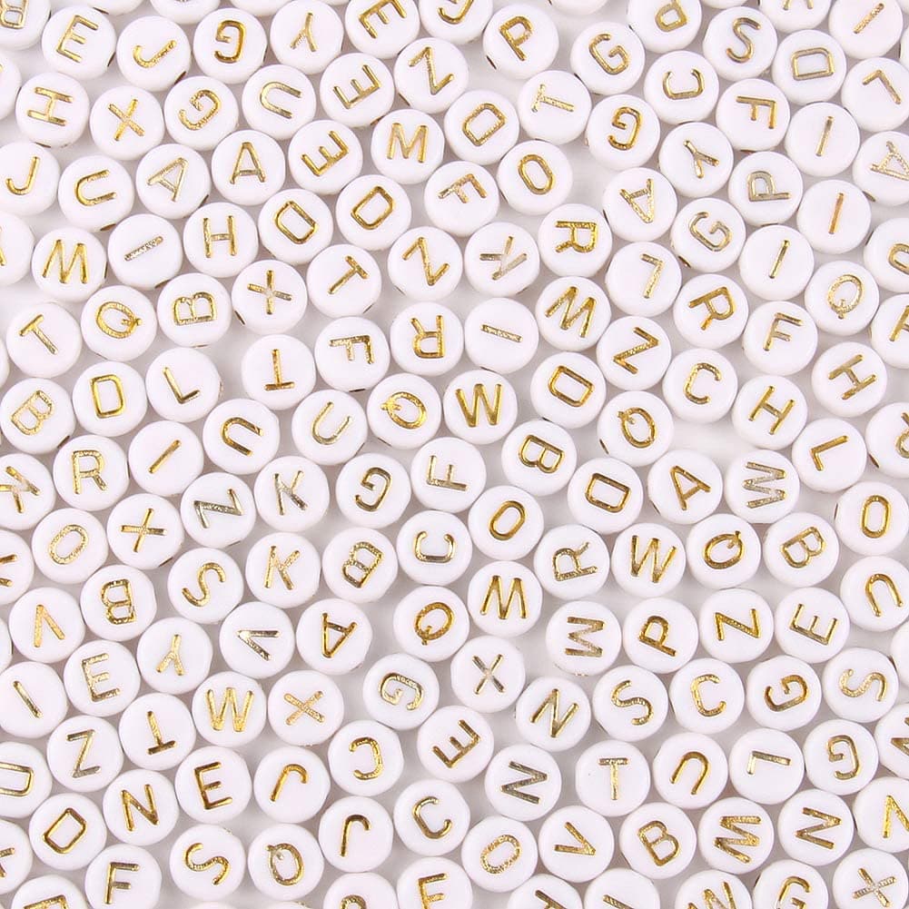 600pcs Acrylic Letter Beads Alphabet Gold Letters White Round Bead 4x7mm for Friendship Bracelets and Gifts Souvenir Jewelry Making