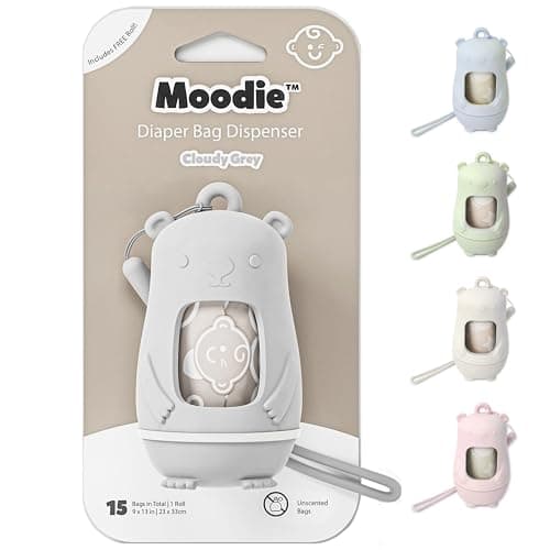 Moodie Teddy Bear Dispenser Diaper Trash Bags on the Go Dispenser wSilicon Strap 15 UNSCENTED Baby Poop Bags per Roll Dirty Diaper Bag Dispenser Disposable Diaper Waste Bags GREY