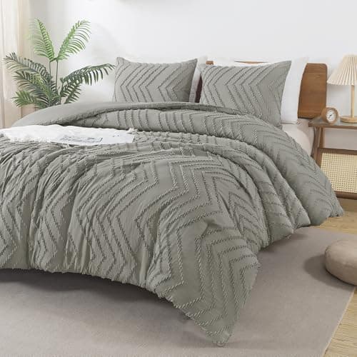 Andency Medium Grey Comforter Set King Size, Boho Soft Warm Tufted Bedding Comforter Sets for King Size Bed, 3 Pieces Aesthetic Chevron Farmhouse Cute Bohemian Textured Bedding Set
