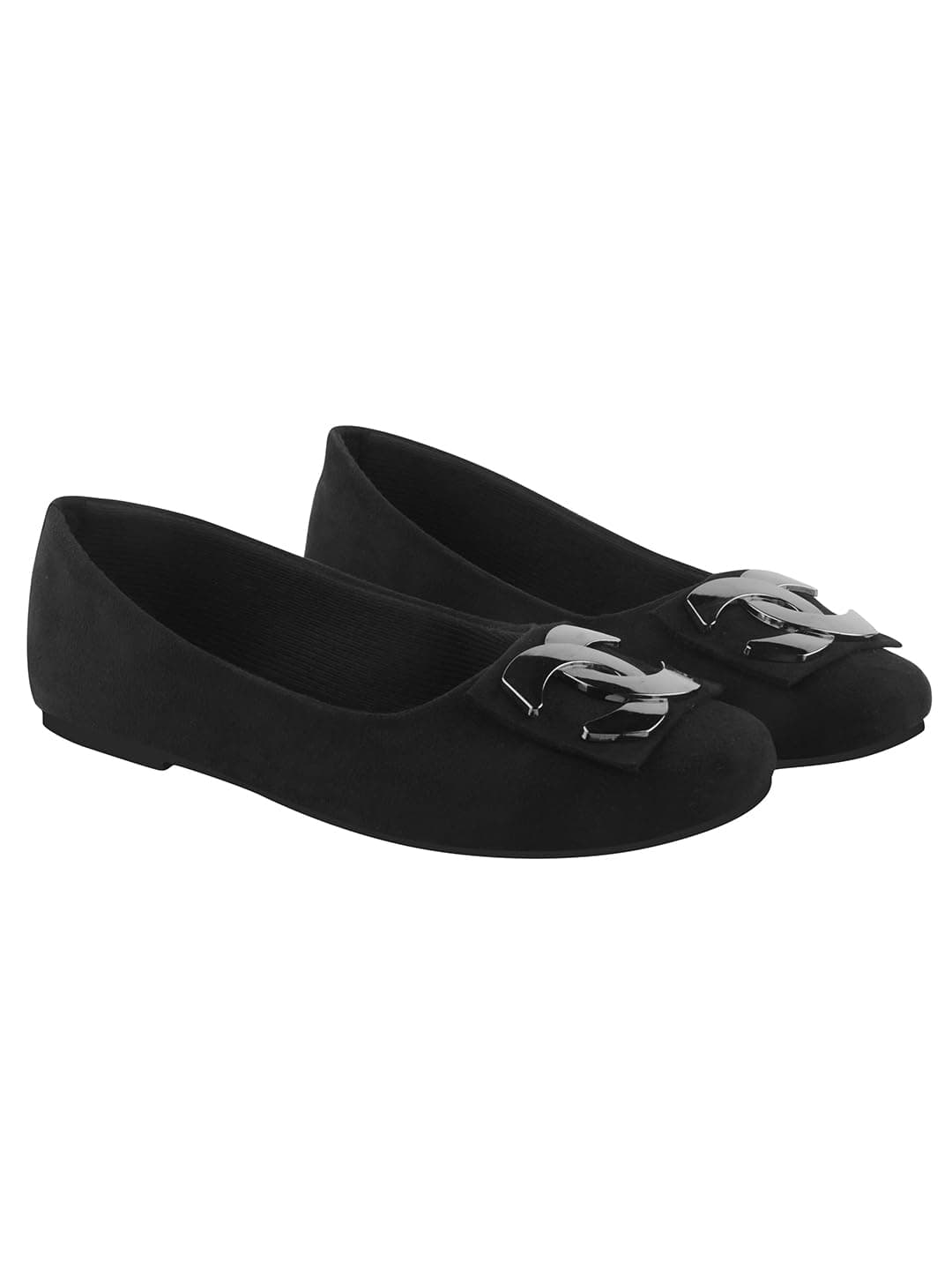 Shoetopia Women's Black Suede Ballet Flats with Decorative Buckle - Slip-On Casual Bellies EU39