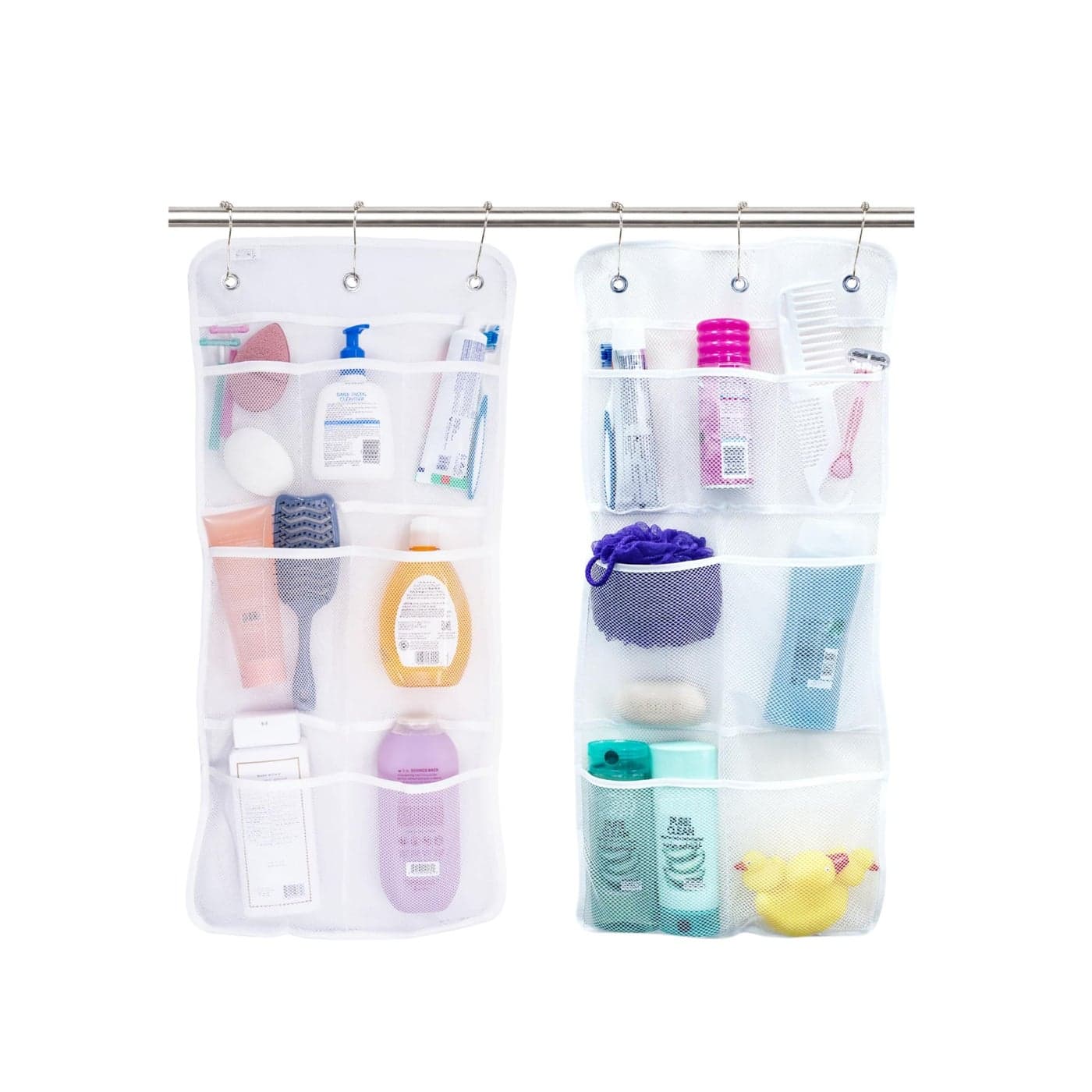 Shower Organizer, Shower Caddy or Bathroom Organizer with Quick Drying Mesh, 7 Pockets to Hold Shampoo, Soap, Loofah, and Cruise Ship Essentials, 14 Inch by 30 Inch, White, 2 Pack