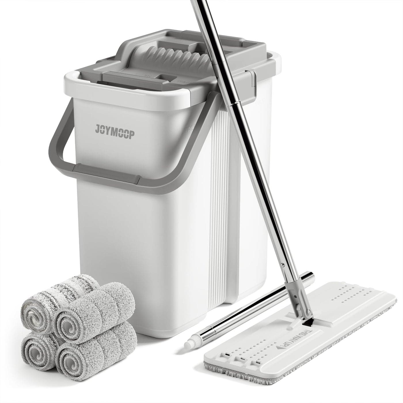 JOYMOOP Mop and Bucket with Wringer Set Flat Squeeze Mop Flat Head Dust Mops for Wall Cleaner with Long Handle HandsFree Microfiber Mops for Floor Cleaning White