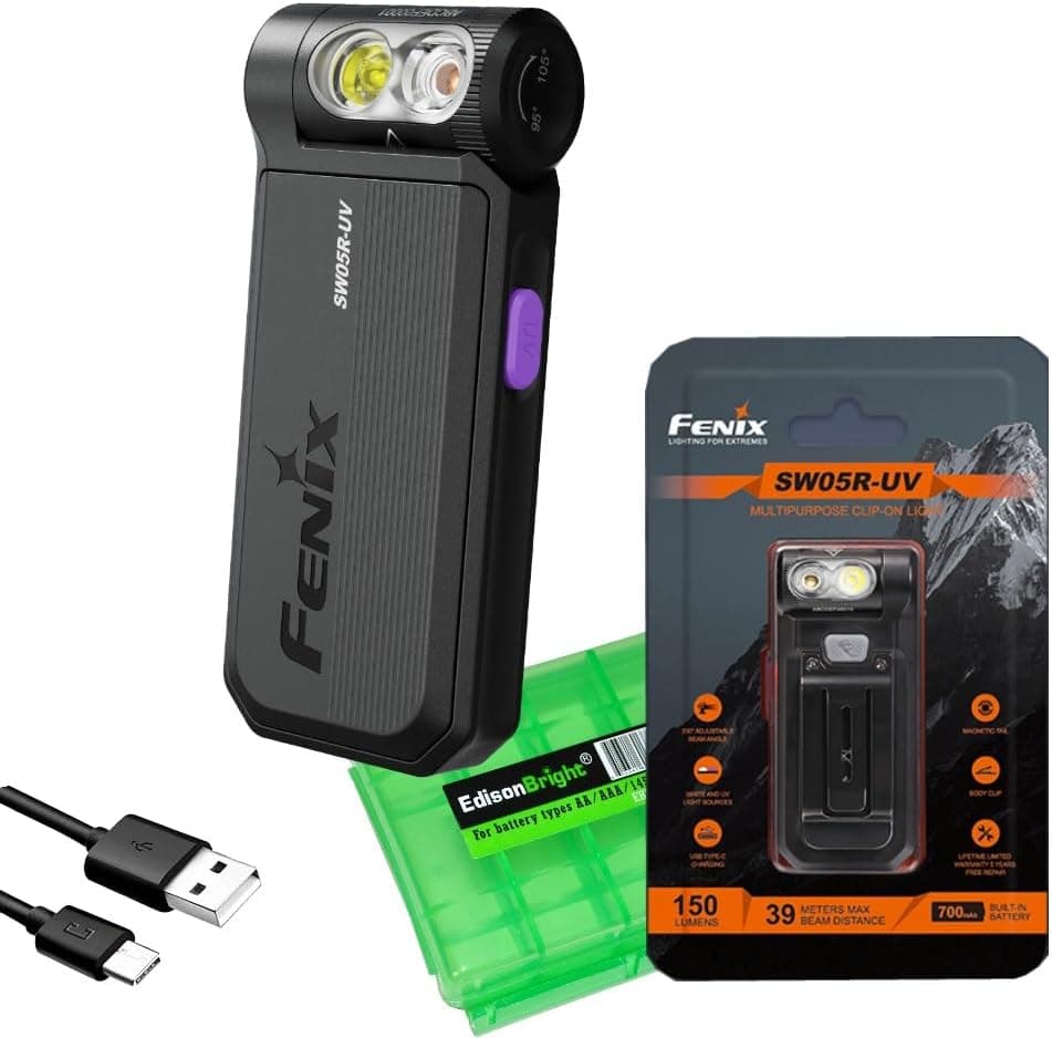 Fenix SW05RUV Clip On Flat Body swival Flashlight with UV LightBlack Light with EdisonBright Accessory case Bundle