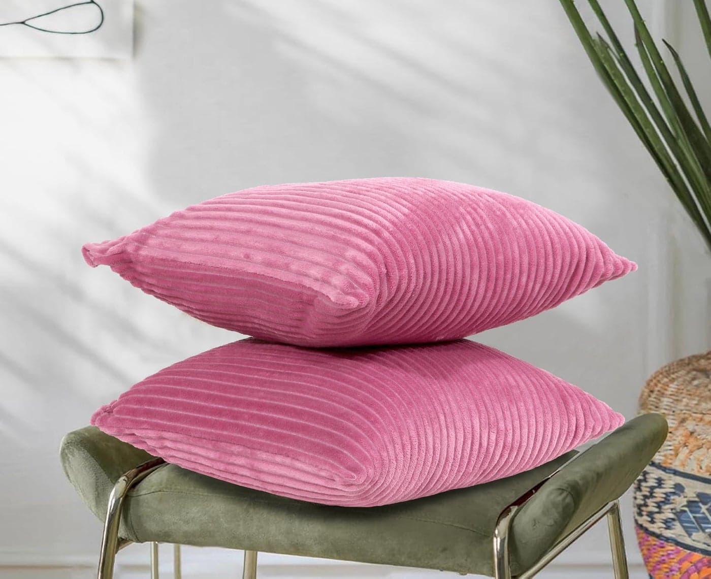 RD TREND® Cushion Cover Set of 2, Decorative Sofa Living Room Home Square Cushion Covers 16 Inch x 16 Inch, Aesthetic Corduroy Striped Double Sided (Light Pink)