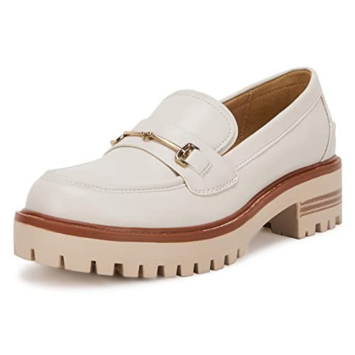 Womens Lug Sole Platform Mid Chunky Heel Loafers Classic Round Toe Slip On Office Uniform Oxfords Shoes with Metal Chain Beige