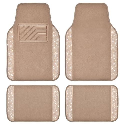 CAR PASS Bling Car Mats Shining Diamond Carpet Crystal Rhinestones Sparkly Glitter Floor Mats with AntiSlip PVC Heel Pad Universal Fit for Automotive SUV Sedan Car Van 4pcs for Girl Women Beige