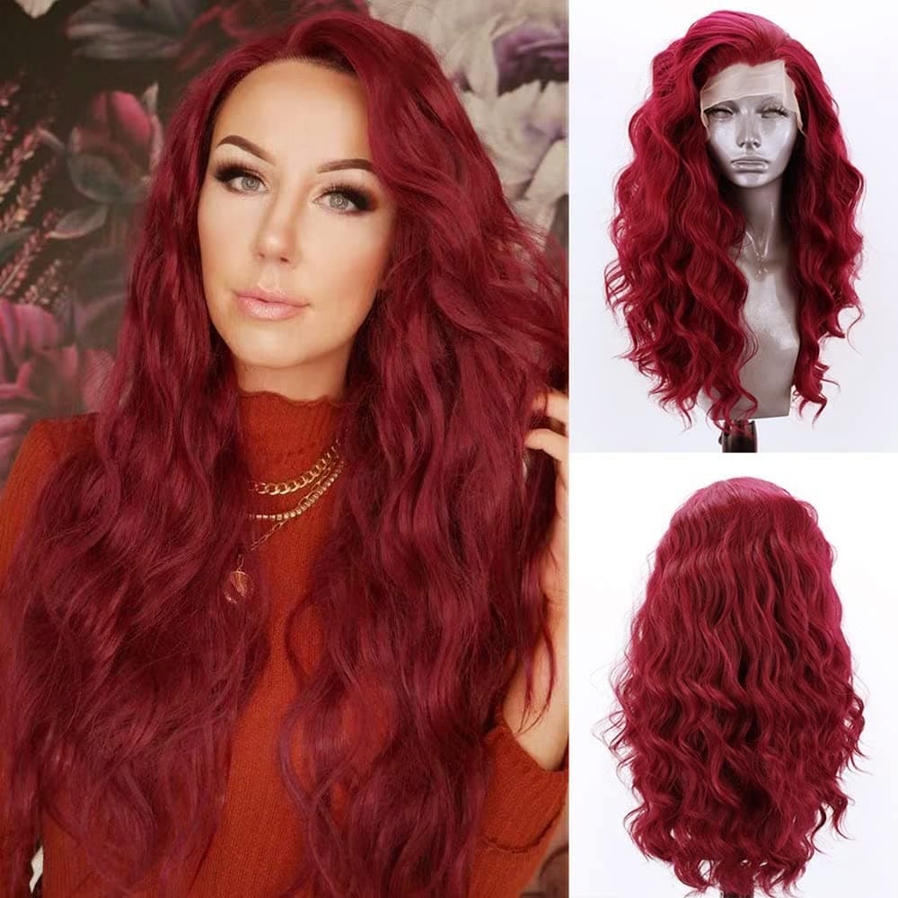 RONGDUOYI Burgundy Loose Curly Lace Front Wigs for Women Synthetic Natural Hairline Wig Pre Plucked Hair Replacement Wig Half Hand Tied Long Curly Cosplay Wig 24Inch