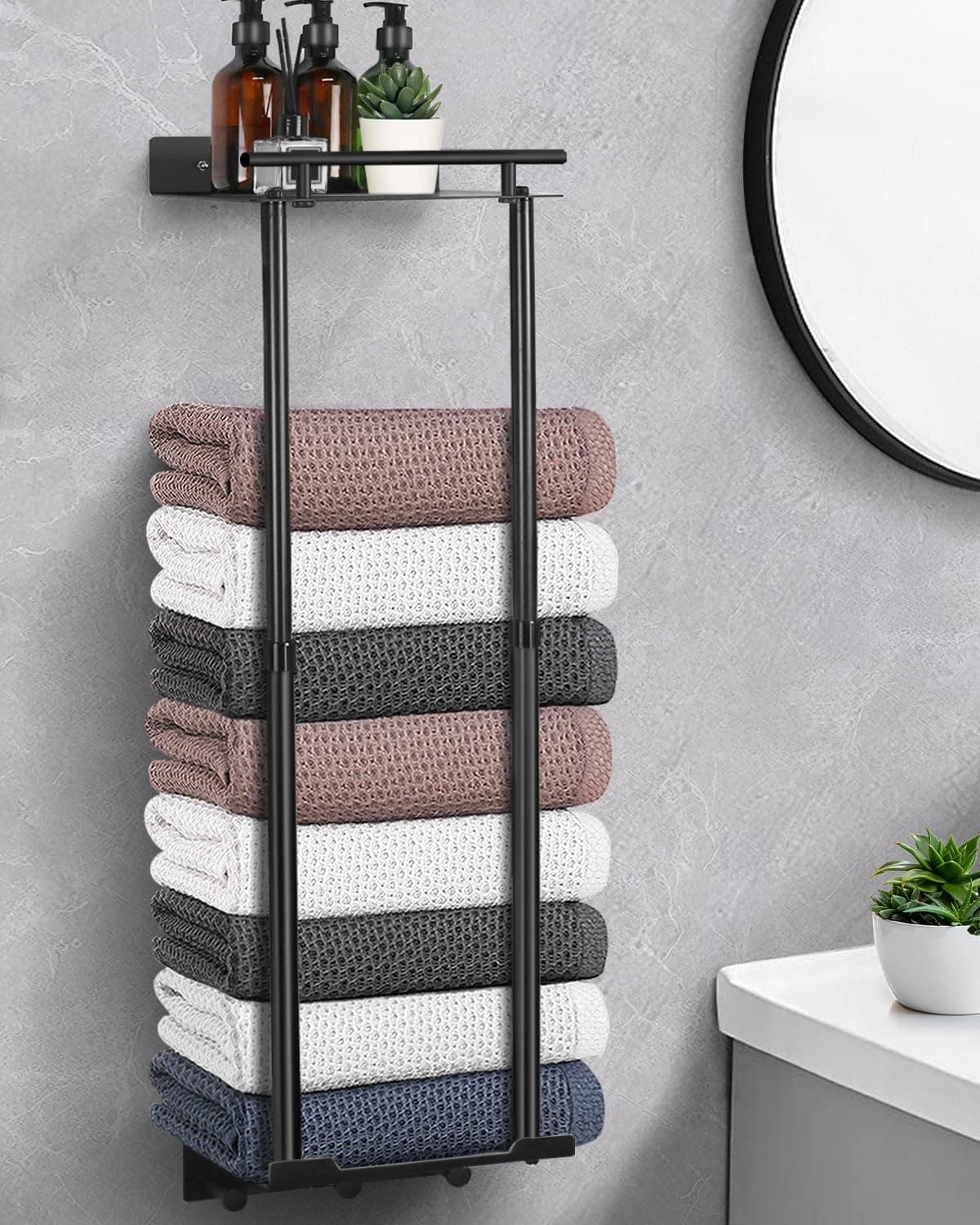 LIVEHITOP Towel Rack Towel Storage Self Adhesive 81cm Adjustable Pole 4172CM Stable Wall Mounted Towel Holder Bathroom Black with Shelf Hooks