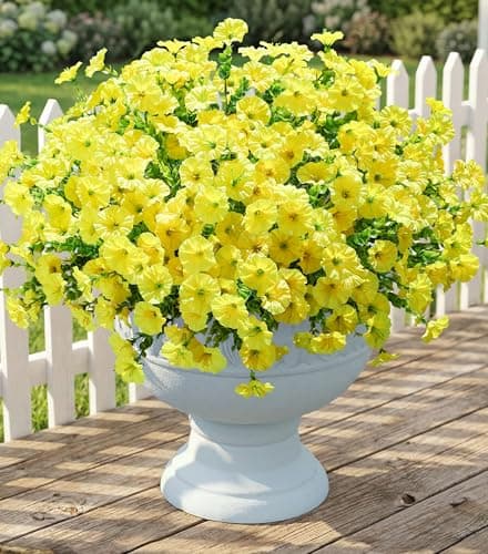 Artificial Flowers Fake Plants for Outdoors Decoration 12 Bundles Yellow Silk Morning Glory with Eucalyptus Realistic UV Resistant Faux Flowers for Outside Planter Porch Yard Patio Garden Home Indoor