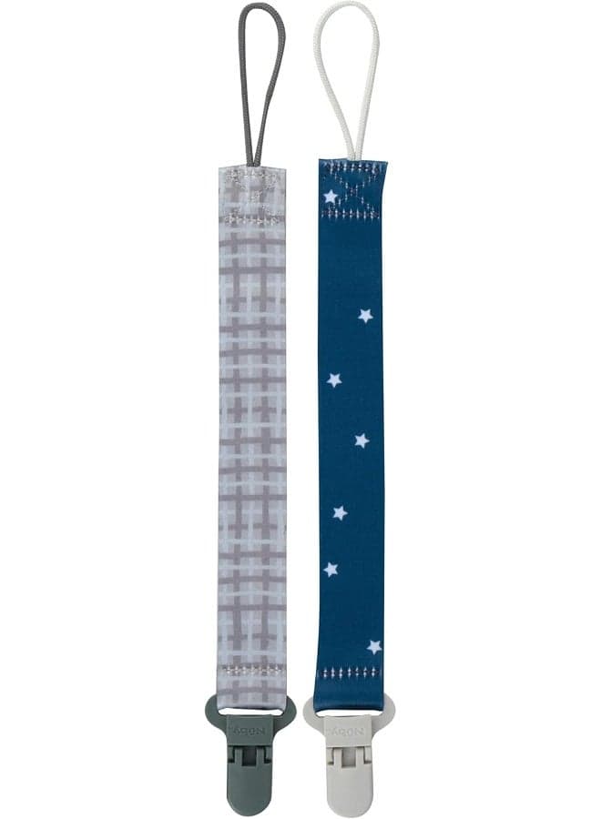 Nuby Pacifinder Baby Pacifier Clip - (2-Pack) - Pacifier Holder Clip with Convenient Hook Loop - Gray Plaid and Blue Stars