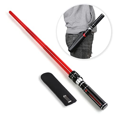 MewduMewdu Light up Saber Toy with Electronic Lights FX Sound Effect for Kids and Adults Red LED Light Expandable Light Sword Toy for Party Halloween Holiday Birthday Roleplaywith Belt Clip