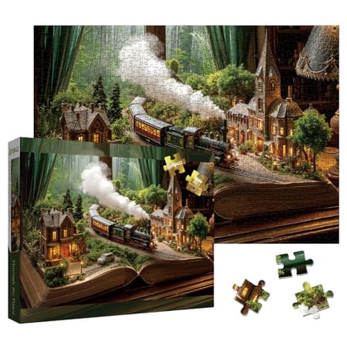 Magic Train Books Puzzles for Adults 1000 Pieces Vintage Forest House Jigsaw Puzzle Challenging Landscape Art Puzzles