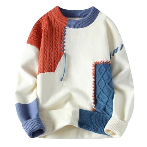 GURUNVANI Patchwork Sweater Mens Colorblock Jumper Cable Knitted Pullover Oversized, Orange, X-Large