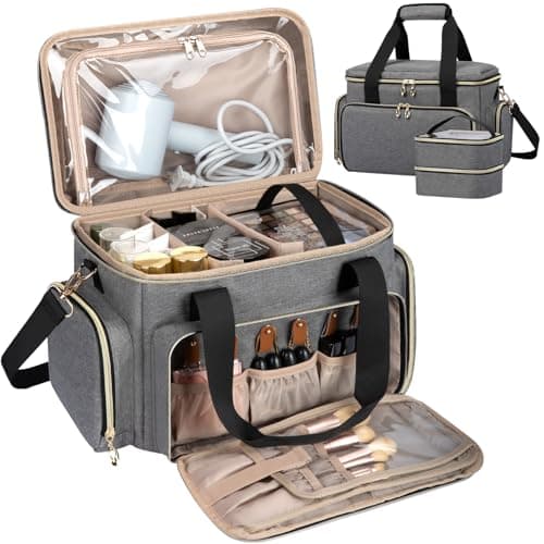 GDNasist Large Makeup Bag, Portable Travel Makeup Bag Organizer for Women Girls with 2 Removable Pouches & Detachable Dividers, Cosmetic Travel Bag, Toiletry Bag for Makeup and Hair Supplies Grey