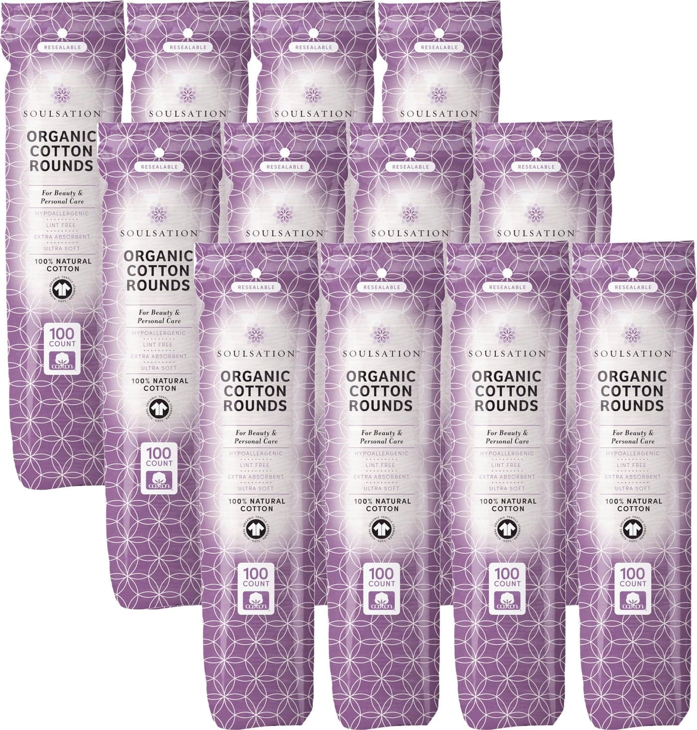 SoulSation Organic Cotton Rounds Bulk 1200 Count Makeup Remover Pads for Face LintFree