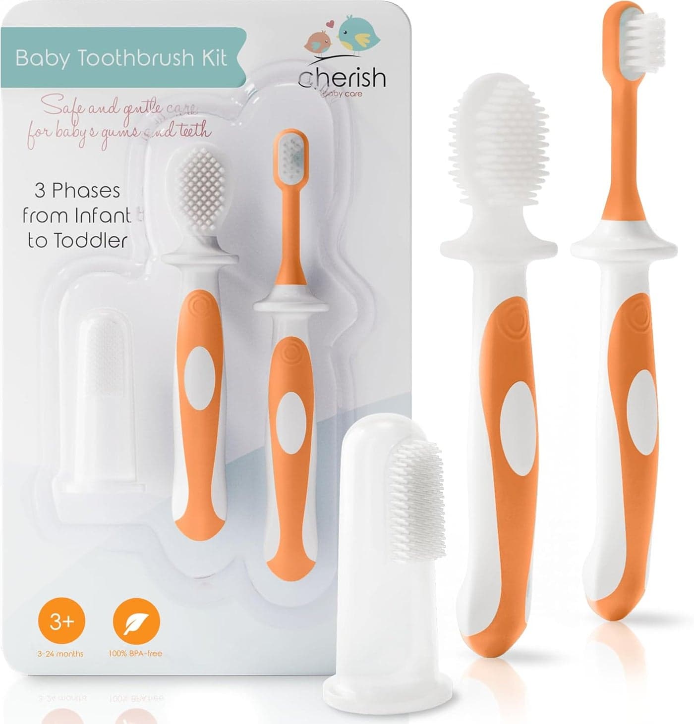 Cherish Baby Care Baby Toothbrush 02 Years BPAFree SafetyTested Newborn to Toddler Toothbrush Set 2023 Award Winner FoodGrade Silicone Orange