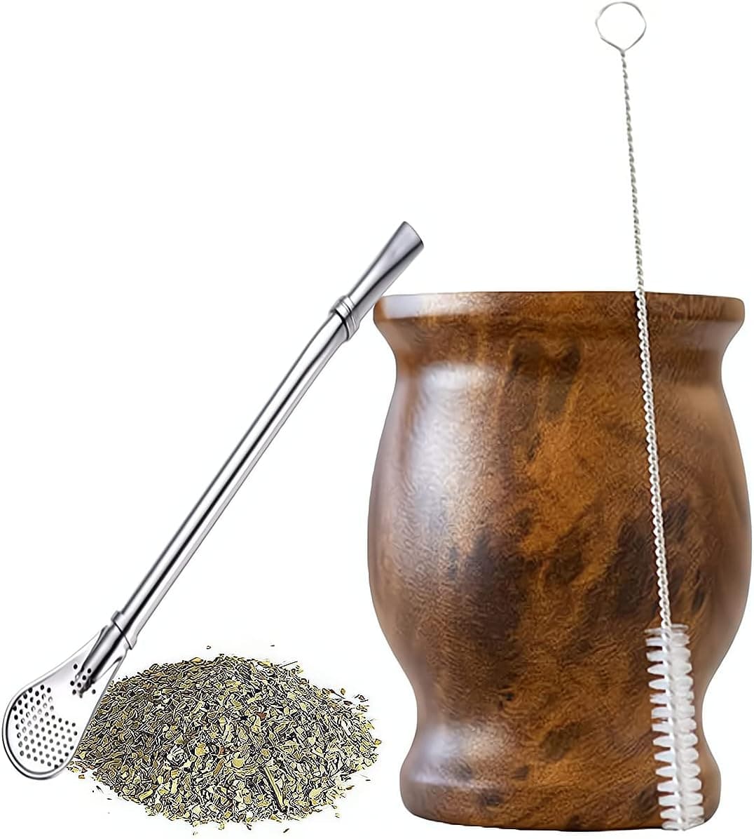 Yerba Mate Tea Cup, Stainless Steel Double Walled Easy Wash Household Insulation Cup, Mate Gourds for Yerba Mate Loose Leaf Drinking with Bombilla Straw, Wood Grain Color, 230 Ml