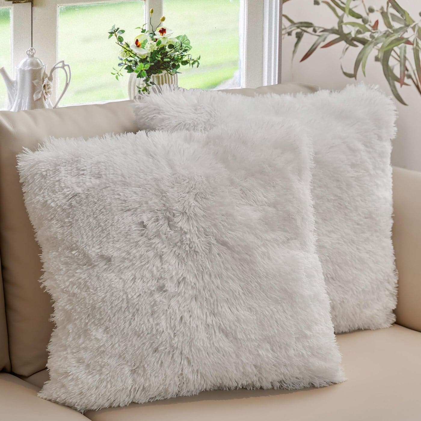 Cheer Collection Throw Pillows for Couch and Bed Soft Shaggy Throw Pillows with Inserts Included Cozy Long Hair Faux Fur Pillows Set of 218 x 18 White
