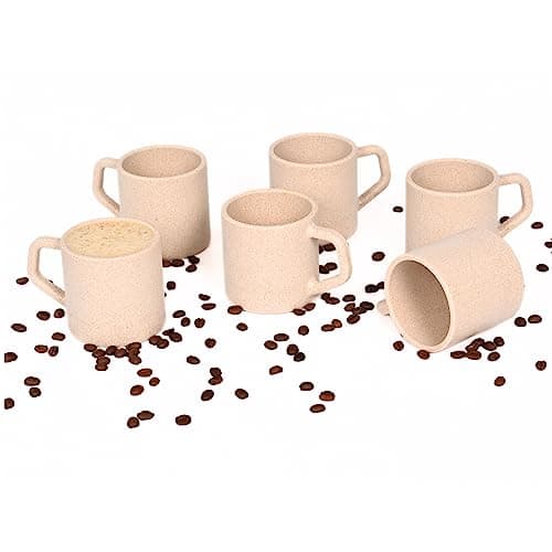 Eha Earth-Friendly Comfy Coffee Cup Set of 6 | 200 ml | Made with Rice Husk & Bamboo Fibers | Microwave Safe | for Hot & Cold Coffee Mug, Tea & Milk | Natural Matte Finish | Sand