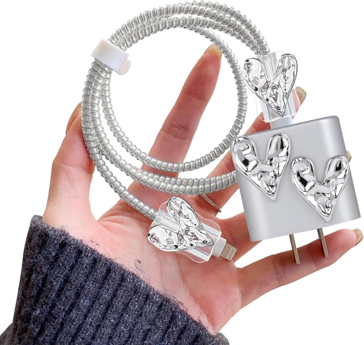 Cute Phone Charger Cable Protector Set, Kawaii Heart Design USB Cable Saver with Plug Cover, Silicone Spiral Cord Protector and Storage Strap Compatible with Phone 18W 20W Charger Cable