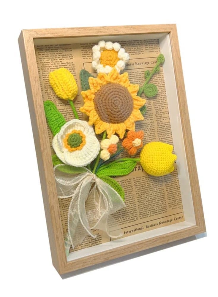 Handmade Preserved Crochet Sunflower with Photo Frame - Artificial Hand-Knitted Roses Bouquet Wall Decor Gift for Her Birthday Gifts Women, Mothers Day Mom