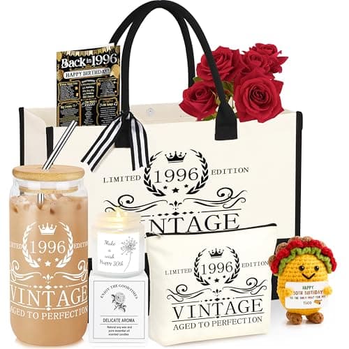 DOGMEM 30th Birthday Gifts for Her, 30 Years Old Birthday Gifts Tote Bag 30 Years Old Gift for Mom Wife Daughter Sister Women 1996 Canvas Tote Bag Makeup Bag 1996 Poster Gift for Women