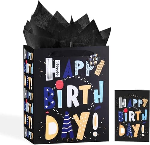 13 Black Happy Birthday Bag with Tissue Paper and Greeting Card for PartyHappy Birthday Gift Bag for Boys Kids MenGift Bags Medium size 1 PCS Black Gift Bag
