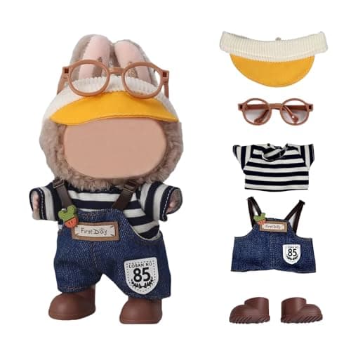 17cm Doll ClothesNO Doll Cute Dolls Outfit Accessories with Hat Glasses Striped Top Suspenders Pants Shoes Small Kawaii Clothes Set for DollsStyle 1