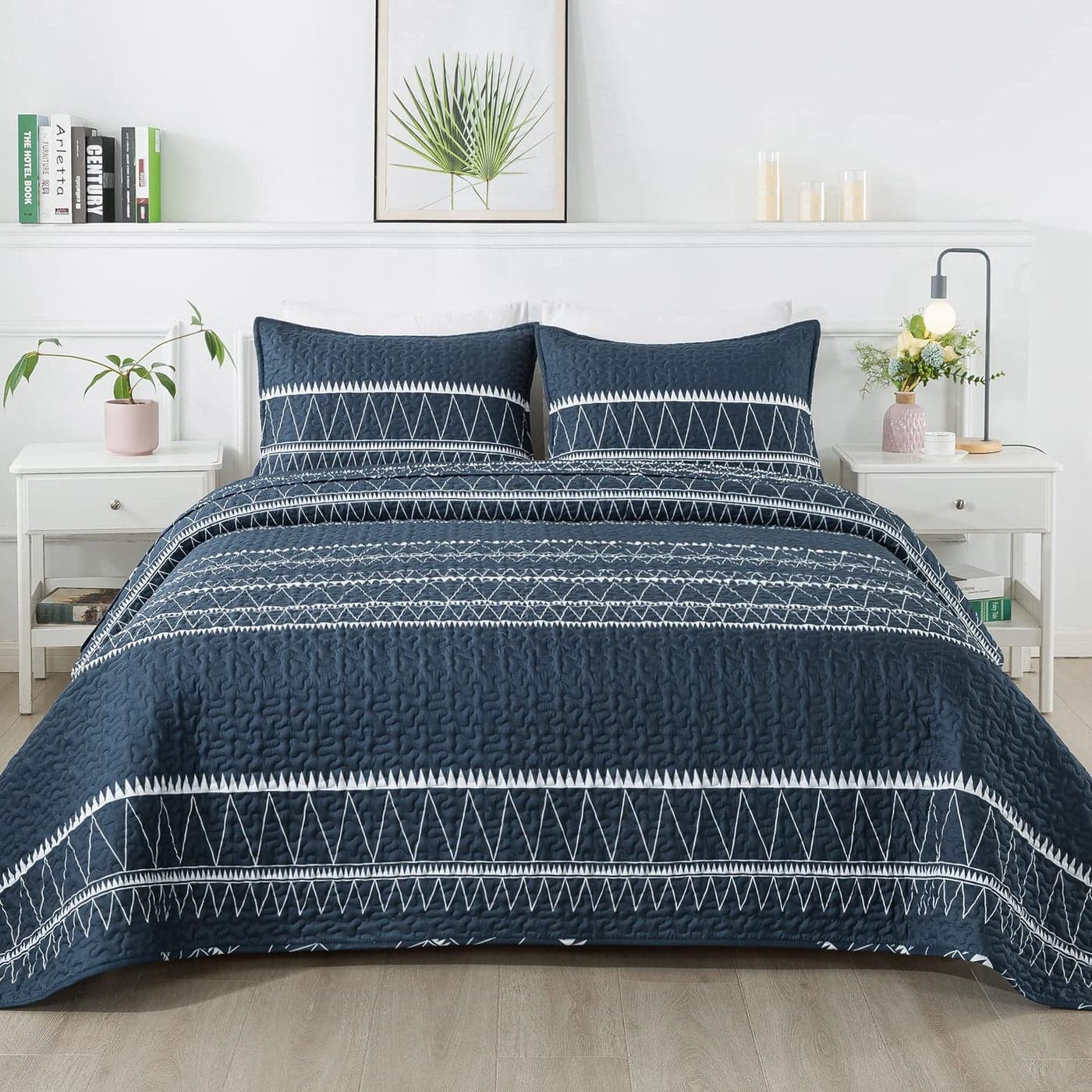 Andency Navy Blue Quilt Set Twin 68x86 Inch 2 Pieces1 Striped Triangle Printed Quilt and 1 Pillowcase Bohemian Summer Lightweight Reversible Microfiber Bedspread Coverlet Sets