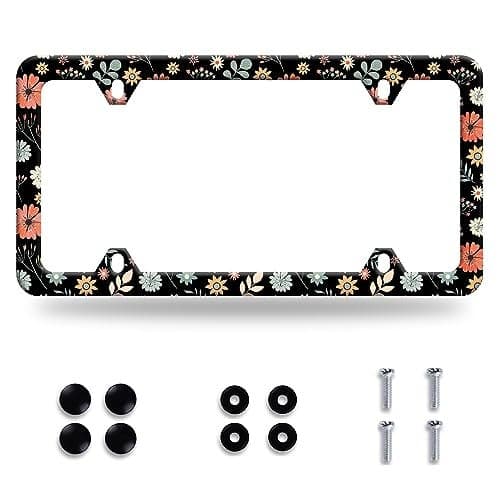 Colorful Flowers License Plate Frame Cute Daisy Floral License Plate Funny License Plate Holder Stainless Steel Auto Parts License Plate Decoration with Screws Size 123 x 63