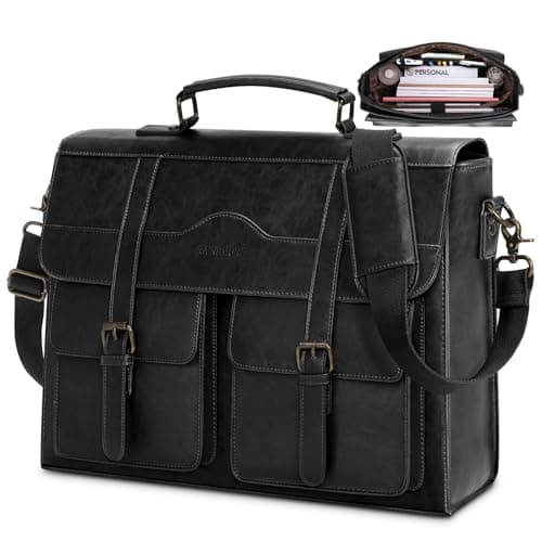 RAINSMORE Mens Messenger Bag 17 Inch Vintage Leather Laptop Briefcase Magnetic Closure Large Satchel Computer Shoulder Bag for Office Travel College, Black