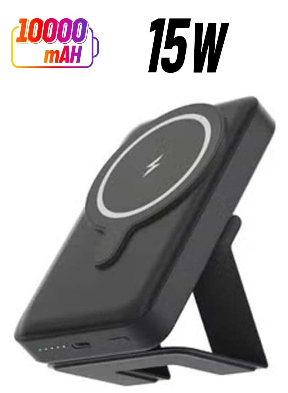 Magnetic Wireless Portable Charger 10000mAh Mag-Safe Battery Pack 15W Fast Charging USB-C Power Bank Foldable Stand Compatible iPhone 14/13/12 Pro Max Plus Mini (Black)