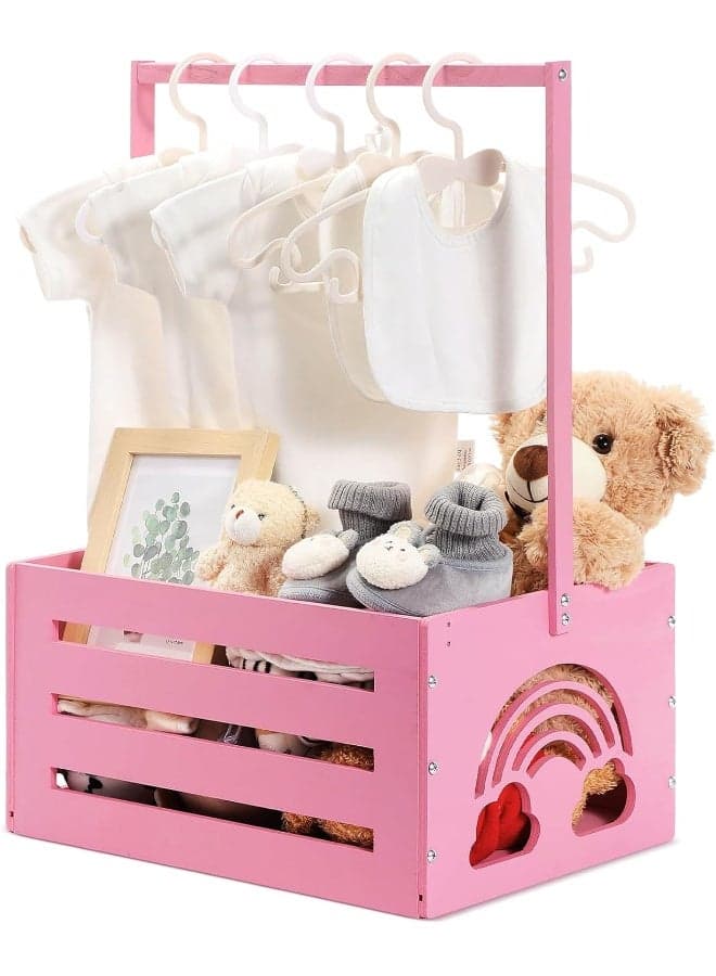 Yerliker Wooden Baby Shower Crate Closet Baby Shower Gifts Basket Storage Crate Hamper with Handle Personalized Basket for Newborn Boys Girls Pregnancy Gifts (Pink, Cloudy, Rainbow)