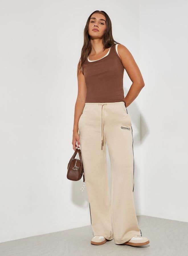 Beige Wide Leg Joggers with Piping Detail