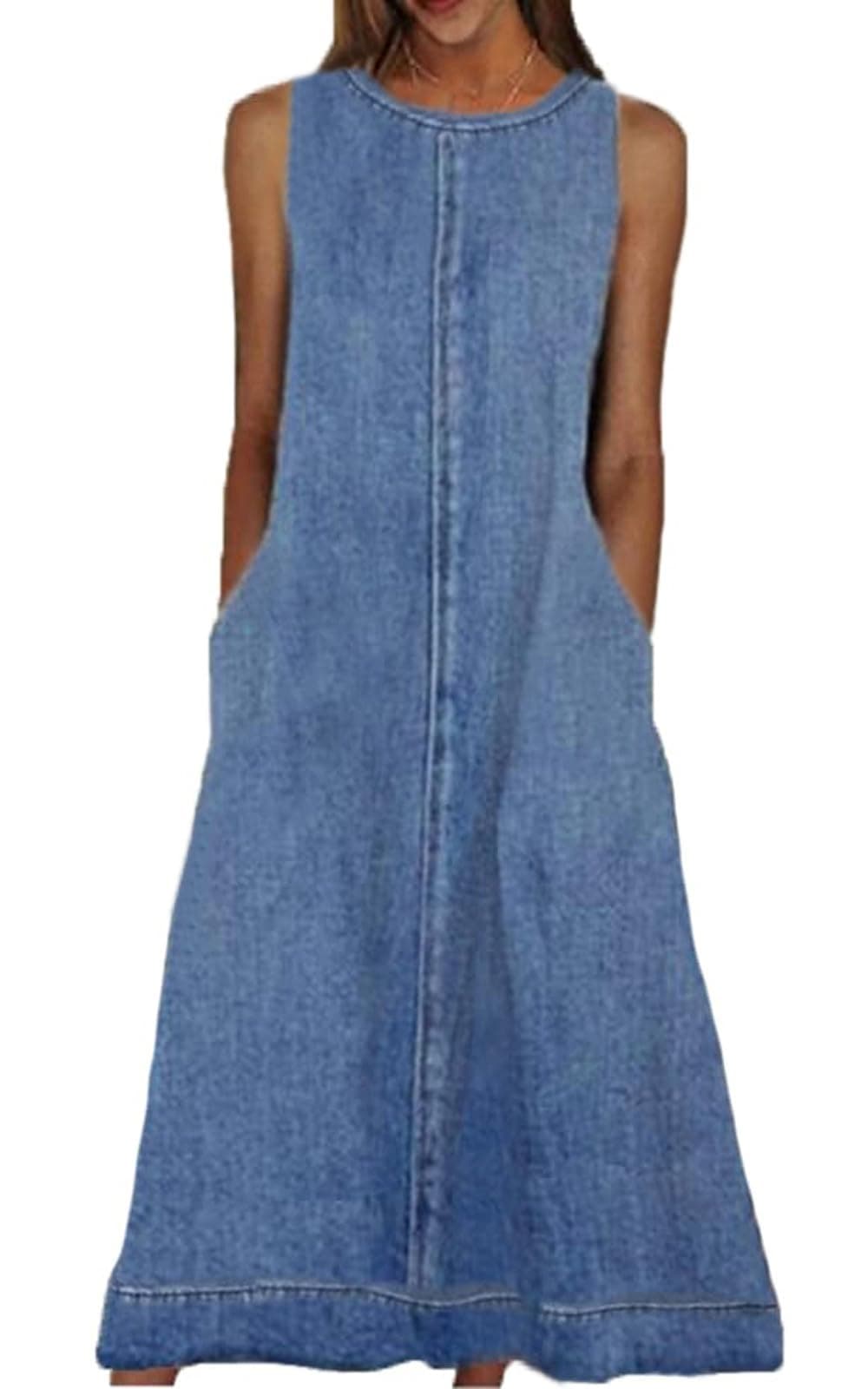 Womens Casual Sleeveless Maxi Denim Dress Crewneck Vintage Loose Long Tank Jean Dress with Pockets MediumLight Blue