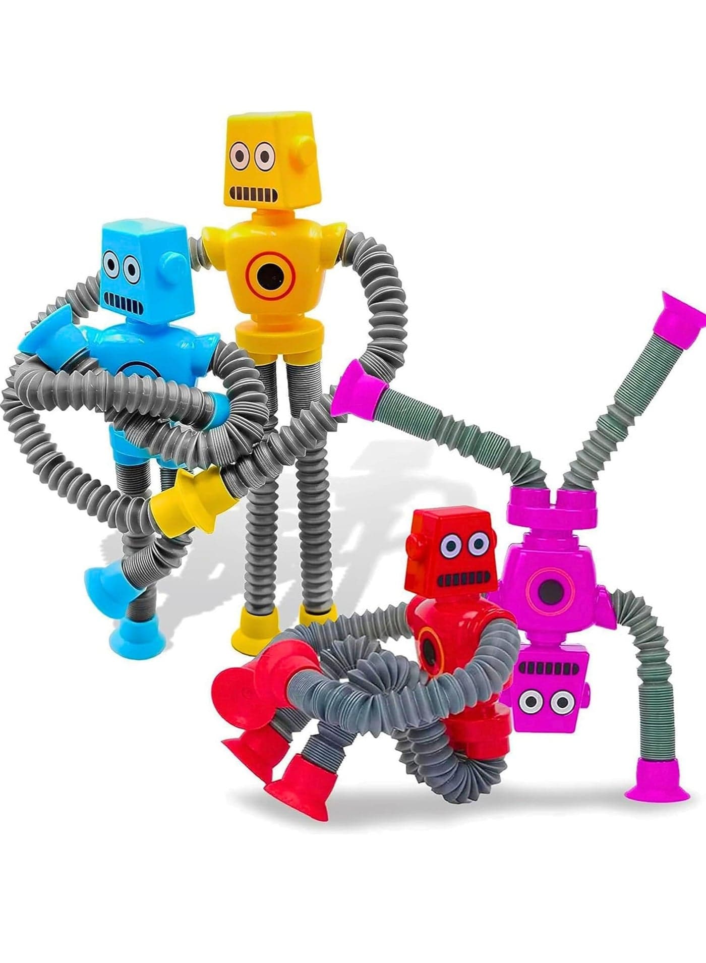 ARGT 4-Pack Suction Cup Robot Toys | Pop Tubes Fidget Robots for Kids | Sensory Stick Bot Figures for Focus & Fun Play