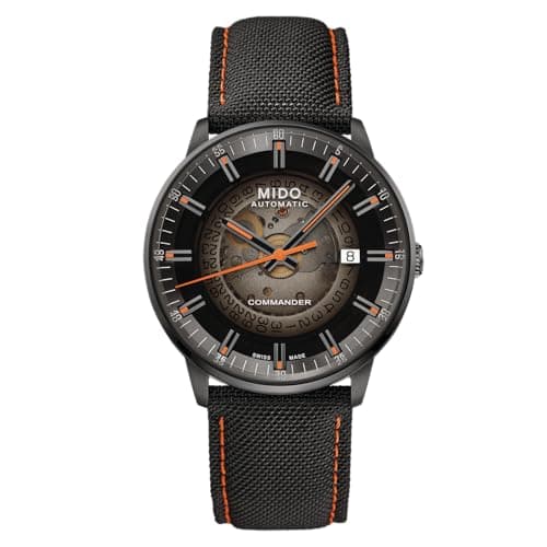 MIDO Commander Gradient - Swiss Automatic Watch for Men - Black See-Through Dial - 40mm Stainless Steel Case with Black PVD Coating - Fabric Strap with Orange Stitching - M0214073741100