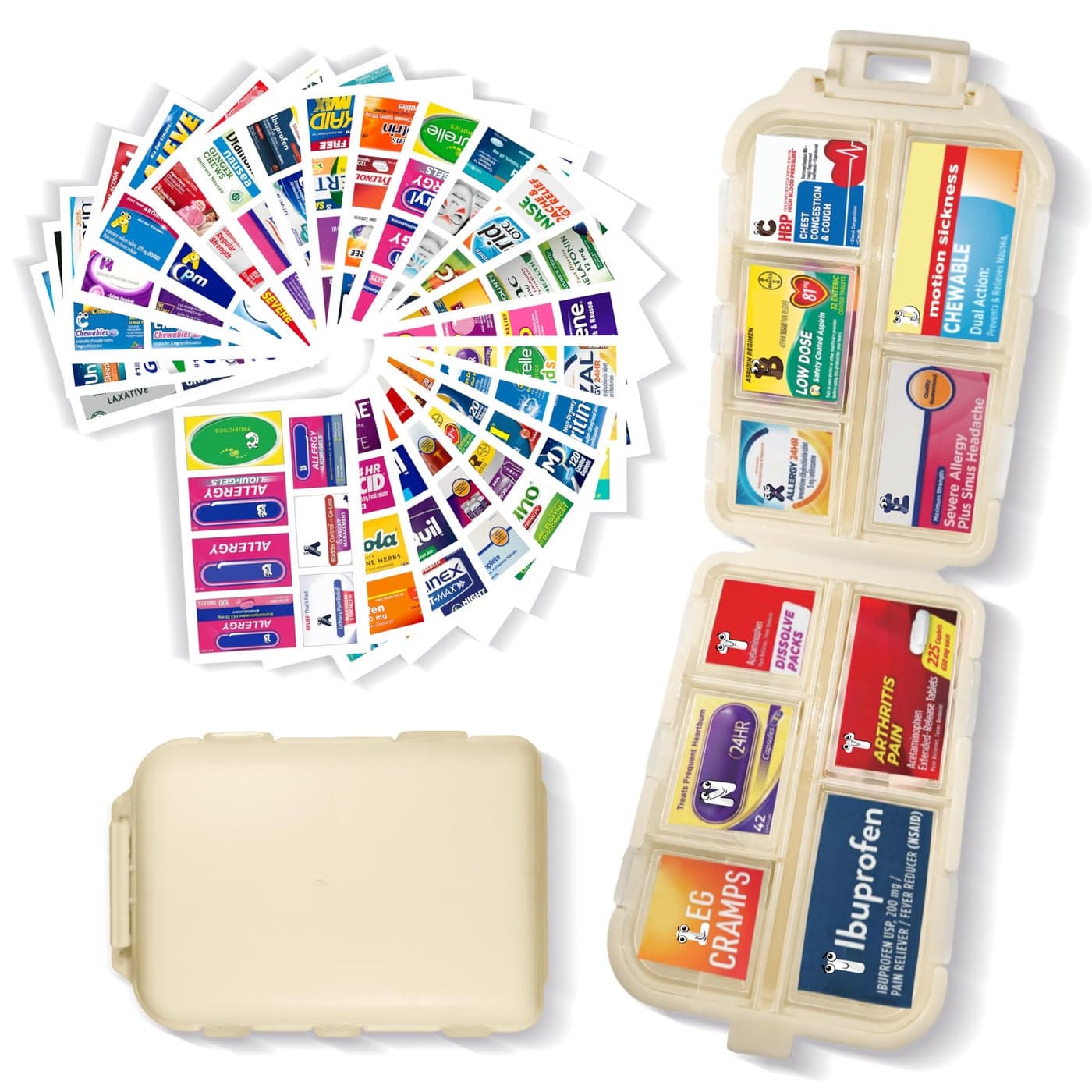 Pill Organizer with Medicine Labels 161 Labels Travel Daily Pill Container Mini Medication Organizer Storage Pill Organizer Travel Essentials Pill Case 7 Day Beige 1 Pack